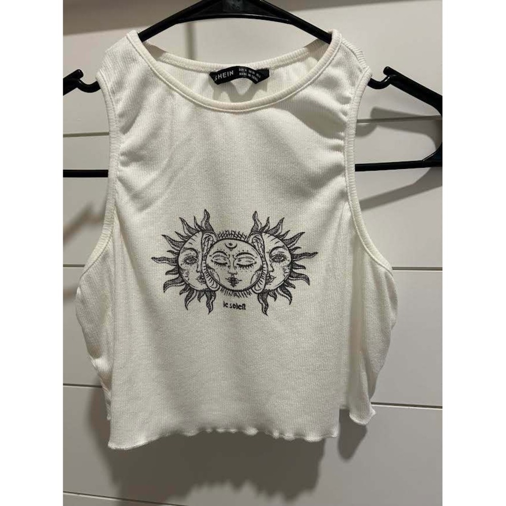 Shein Womens White Ribbed Celestial Sun Graphic Crop Tank Top Lettuce Hem Size M